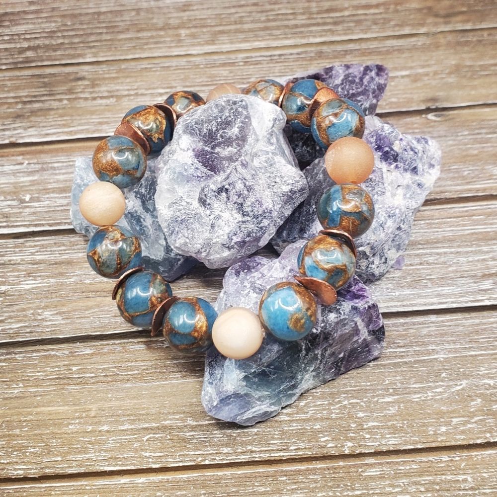 Teal Impression Jasper, Chamoagne Druzy Agate, And Copper Beaded Bracelet